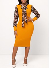 Ginger Bowknot Long Sleeve Leopard Bodycon Dress
