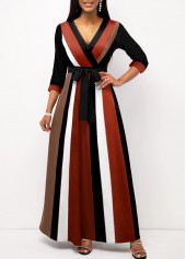 Striped Surplice Belted Dark Coffee Dress