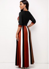 Striped Surplice Belted Dark Coffee Dress