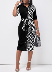 Houndstooth Print Button Belted Black Bodycon Dress
