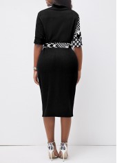 Houndstooth Print Button Belted Black Bodycon Dress