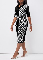 Houndstooth Print Button Belted Black Bodycon Dress