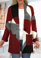 Geometric Print Pocket Wine Red Coat