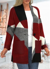 Geometric Print Pocket Wine Red Coat
