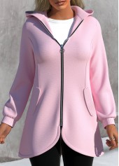 Long Sleeve Asymmetric Hem Pink Zipper Jacket