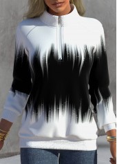 Ombre Zipper Black High Neck Long Sleeve Sweatshirt