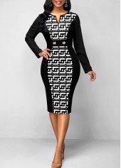Baroque Print Patchwork Black Split Neck Bodycon Dress