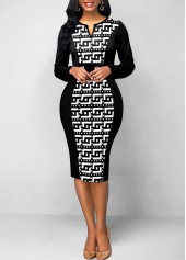 Baroque Print Patchwork Black Split Neck Bodycon Dress