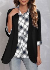 Plus Size Striped Turndown Collar 3/4 Sleeve Black Blouse