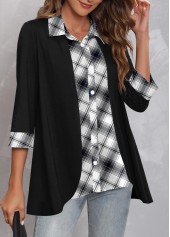 Plus Size Striped Turndown Collar 3/4 Sleeve Black Blouse