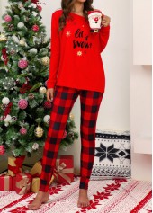 Plaid Long Sleeve Red Christmas Loungewear Set