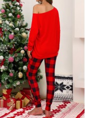 Plaid Long Sleeve Red Christmas Loungewear Set