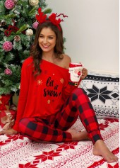Plaid Long Sleeve Red Christmas Loungewear Set