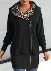 Leopard Zipper Black Hooded Long Sleeve Coat