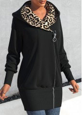 Leopard Zipper Black Hooded Long Sleeve Coat