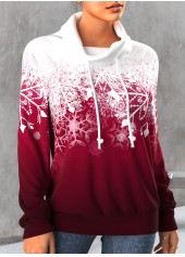 Plus Size Snowflake Print Drawstring Wine Red Christmas Sweatshirt