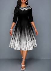 3/4 Sleeve Round Neck Black Ombre Dress