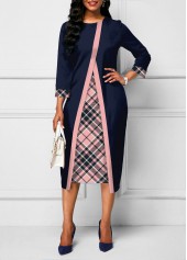 Plaid 3/4 Sleeve Navy Faux Two Piece Dress
