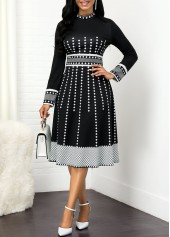 Mock Neck Geometric Print Long Sleeve Dress