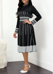 Mock Neck Geometric Print Long Sleeve Dress