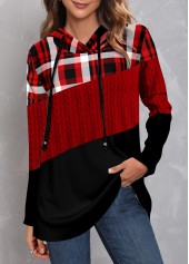 Plus Size Tartan Print Twisted Red Regular Sleeve Hoodie