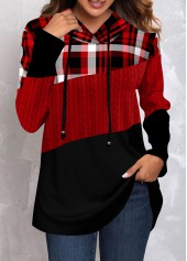 Plus Size Tartan Print Twisted Red Regular Sleeve Hoodie