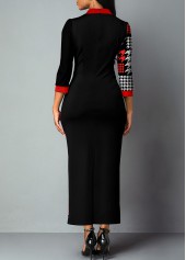 Houndstooth Print Split Neck Black Bodycon Dress