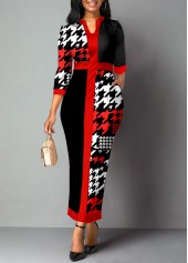 Houndstooth Print Split Neck Black Bodycon Dress