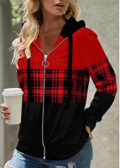 Plaid Patchwork Red Long Sleeve Hoodie