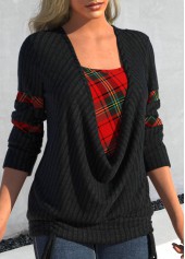 Plus Size Tie Side Plaid Black Faux Two Piece Sweatshirt