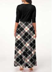 Long Sleeve Round Neck Black Plaid Maxi Dress