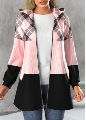 Plus Size Plaid Zipper Light Pink Hooded Long Sleeve Jacket