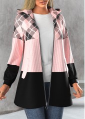 Plus Size Plaid Zipper Light Pink Hooded Long Sleeve Jacket