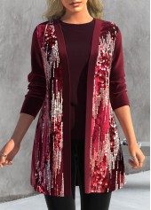 Wine Red Long Sleeve Sequin Coat