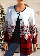 Plus Size Snowflake Print Button Red Round Neck Coat
