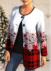 Plus Size Snowflake Print Button Red Round Neck Coat