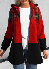 Plus Size Plaid Zipper Red Hooded Long Sleeve Jacket