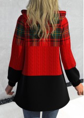 Plus Size Plaid Zipper Red Hooded Long Sleeve Jacket