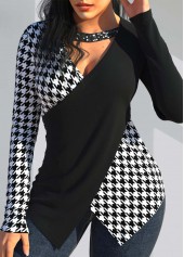 Houndstooth Print Sequin Black V Neck T Shirt