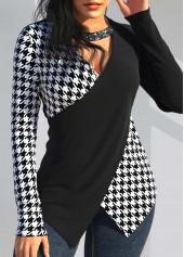 Houndstooth Print Sequin Black V Neck T Shirt