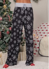 Christmas Print Drawstring Black Drawastring Pants