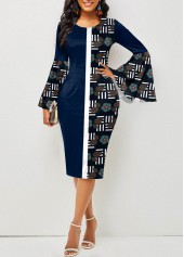 Tribal Print Patchwork Navy Round Neck Bodycon Dress