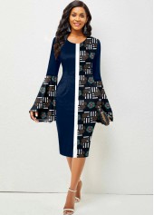 Tribal Print Patchwork Navy Round Neck Bodycon Dress