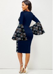 Tribal Print Patchwork Navy Round Neck Bodycon Dress