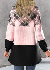 Plus Size Plaid Zipper Light Pink Hooded Long Sleeve Jacket