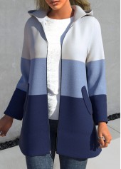 Plus Size Blue Hooded Long Sleeve Patchwork Jacket