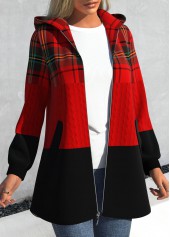 Plus Size Plaid Zipper Red Hooded Long Sleeve Jacket