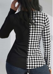 Plus Size Houndstooth Print Sequin Black V Neck T Shirt