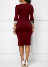 Houndstooth Print Bowknot Deep Red Bodycon Dress