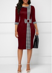 Houndstooth Print Bowknot Deep Red Bodycon Dress